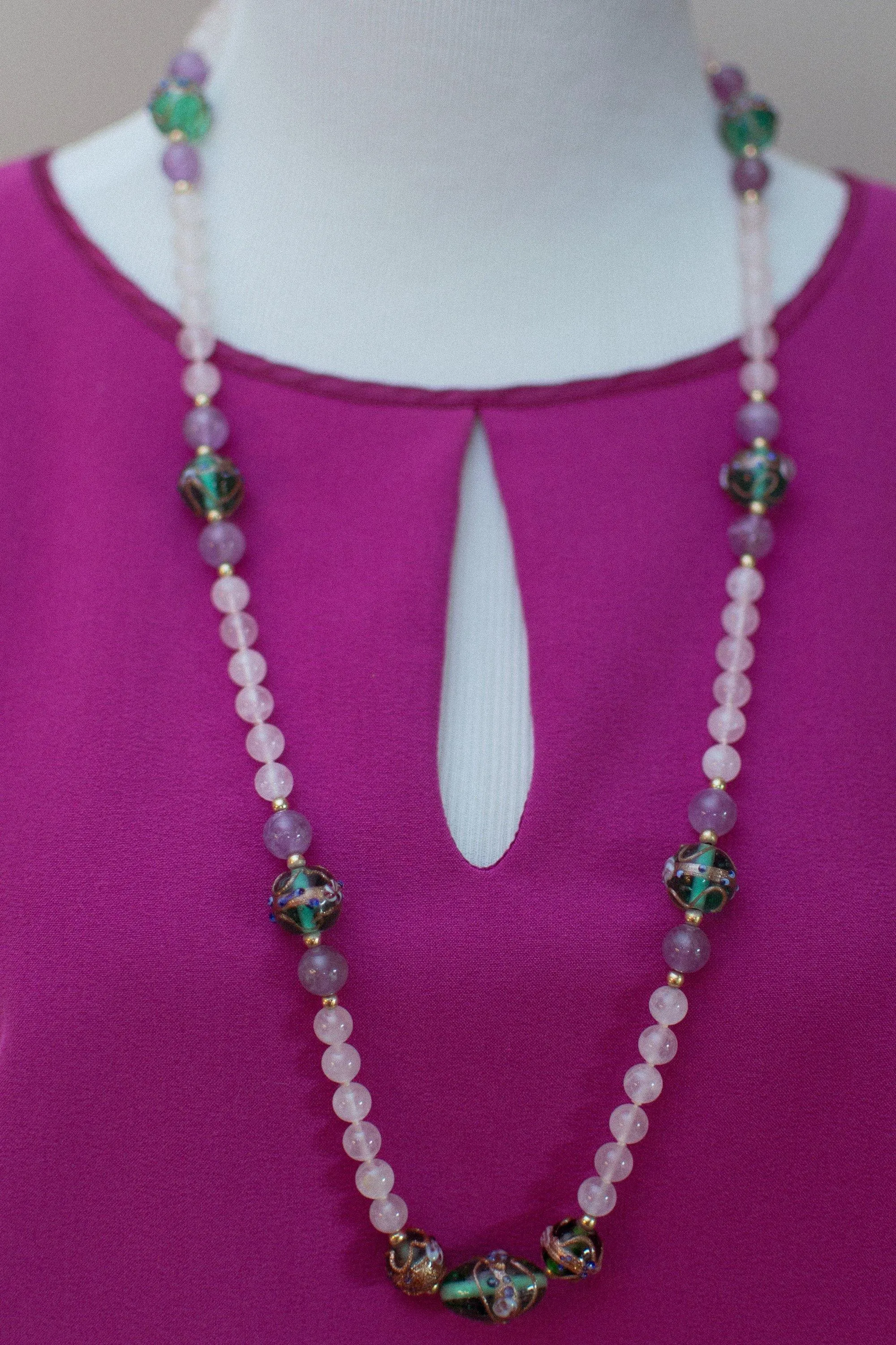 Vintage Venetian Wedding Cake Bead Rose Quartz and Amethyst Necklace