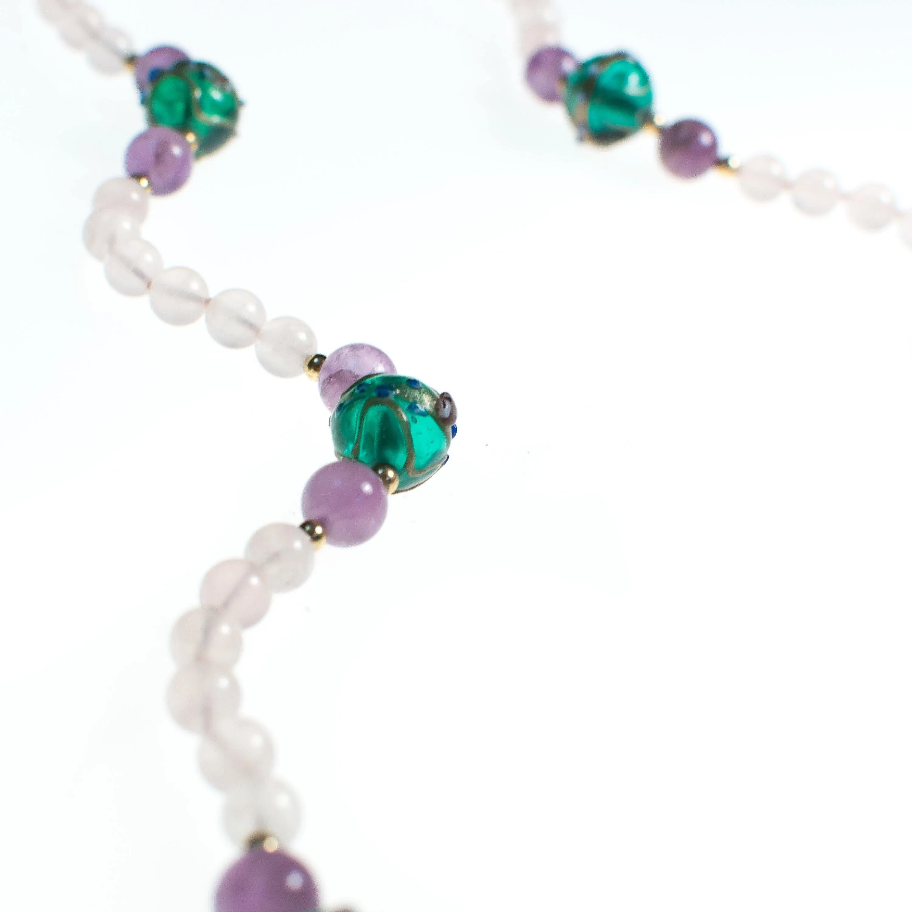 Vintage Venetian Wedding Cake Bead Rose Quartz and Amethyst Necklace