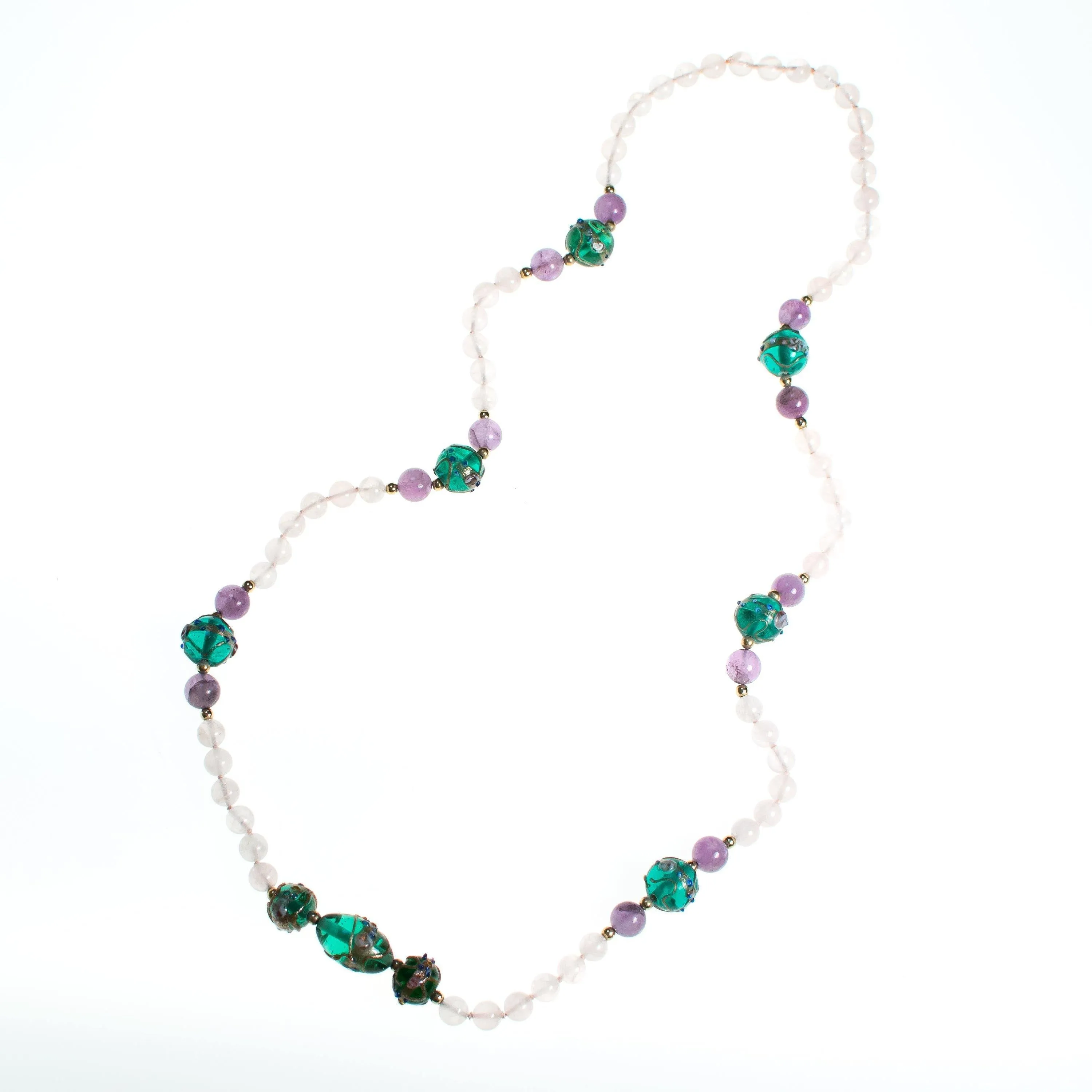 Vintage Venetian Wedding Cake Bead Rose Quartz and Amethyst Necklace