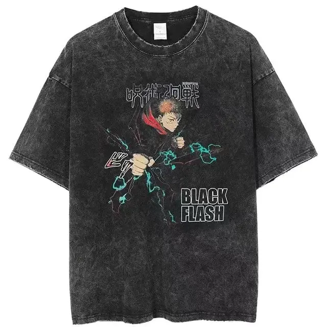 Vintage Washed Tshirts for Men Digital Printing Anime Graphic