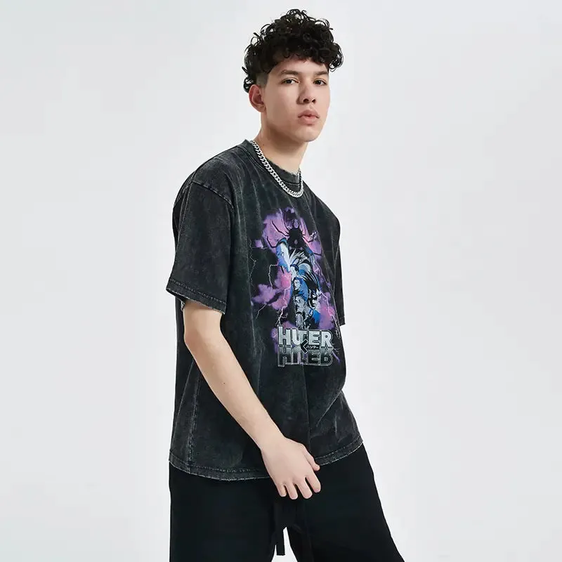 Vintage Washed Tshirts for Men Digital Printing Anime Graphic