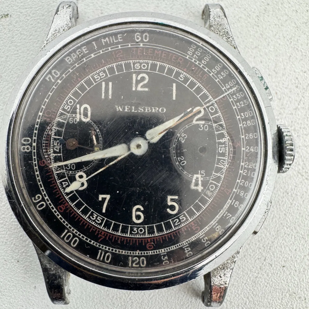 Vintage Welsbro Bi-Compax Black Men's Chronograph Wristwatch Landeron 48 Swiss