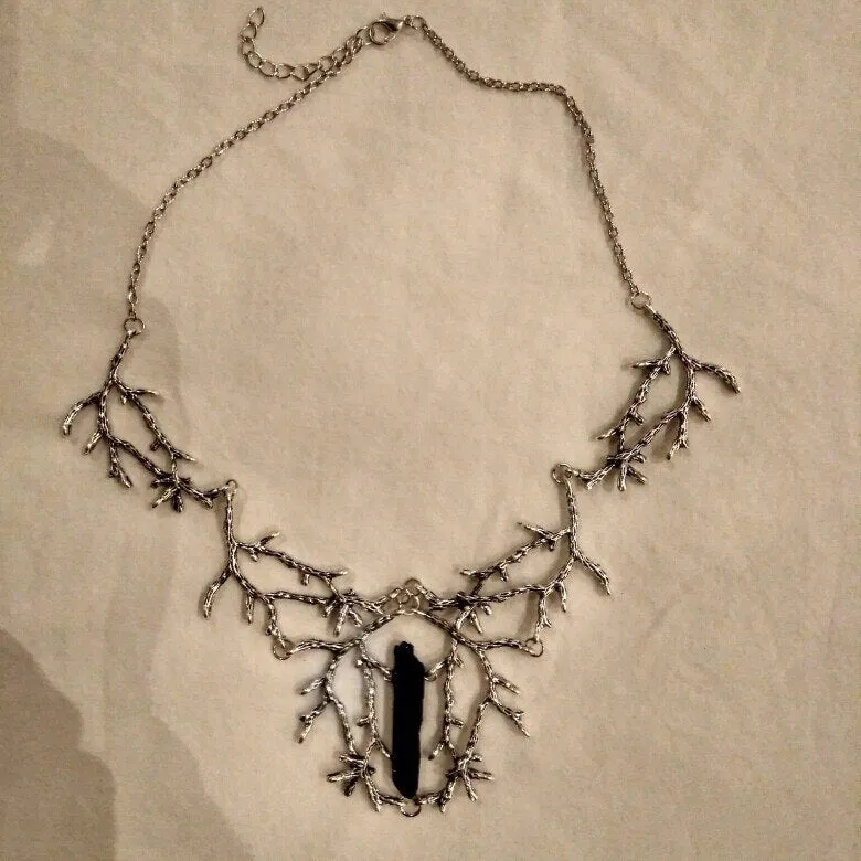 Vintage Witch Fantasy Forest Pendant Black Titanium Raw Quartz Branches Necklace Pagan Jewelry