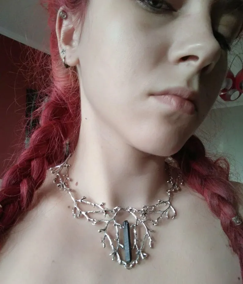Vintage Witch Fantasy Forest Pendant Black Titanium Raw Quartz Branches Necklace Pagan Jewelry