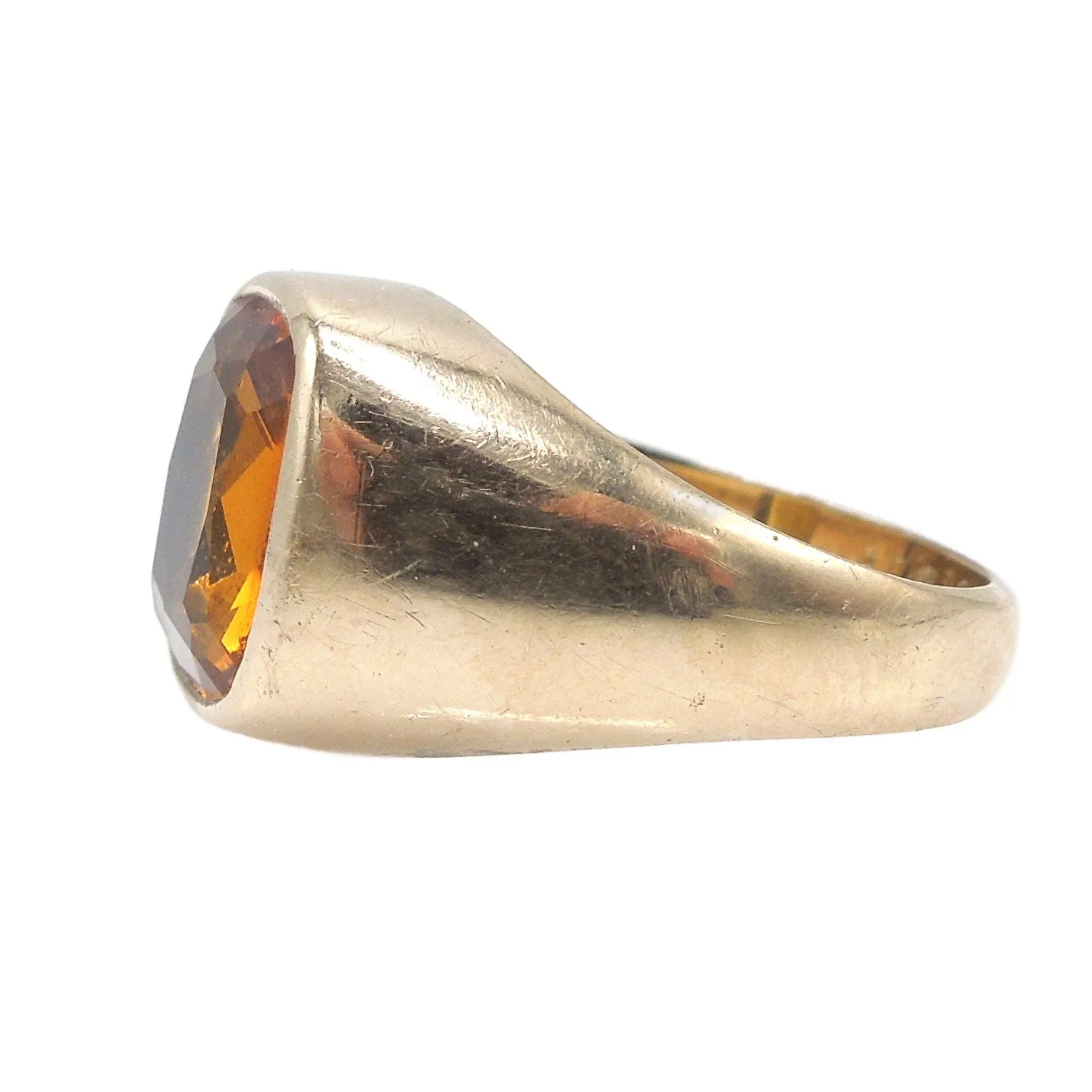Vintage Yellow Gold and Cushion Cut Citrine Gentleman's Ring