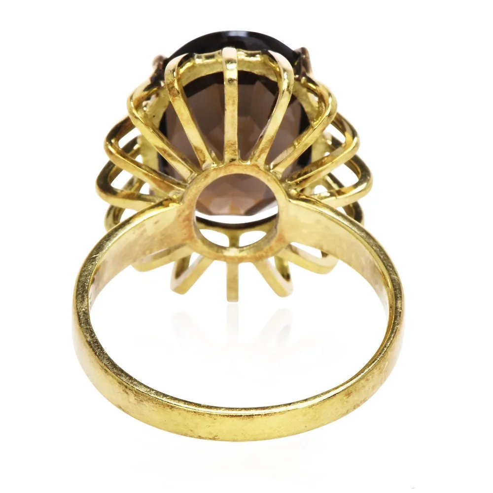 Vintage Yellow Gold Midcentury Oval Cut Smoky Quartz Cocktail Ring