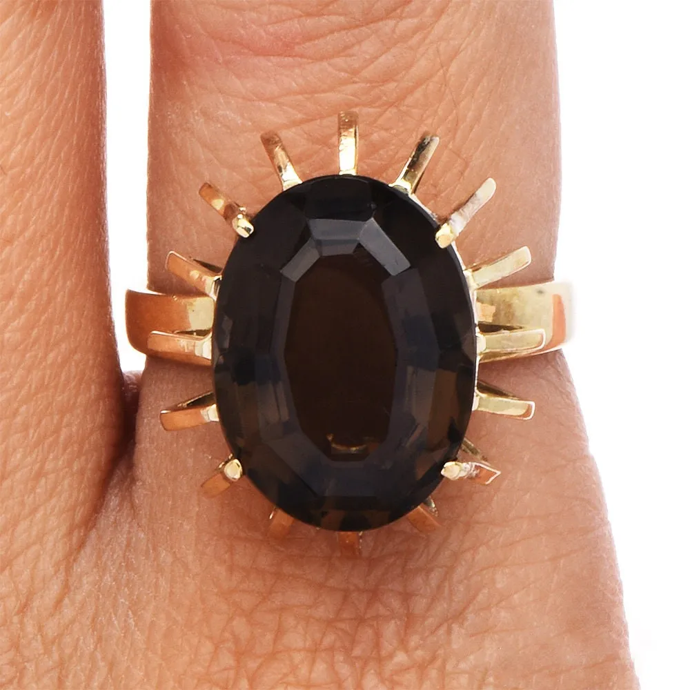 Vintage Yellow Gold Midcentury Oval Cut Smoky Quartz Cocktail Ring