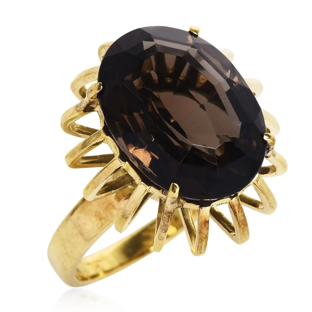 Vintage Yellow Gold Midcentury Oval Cut Smoky Quartz Cocktail Ring