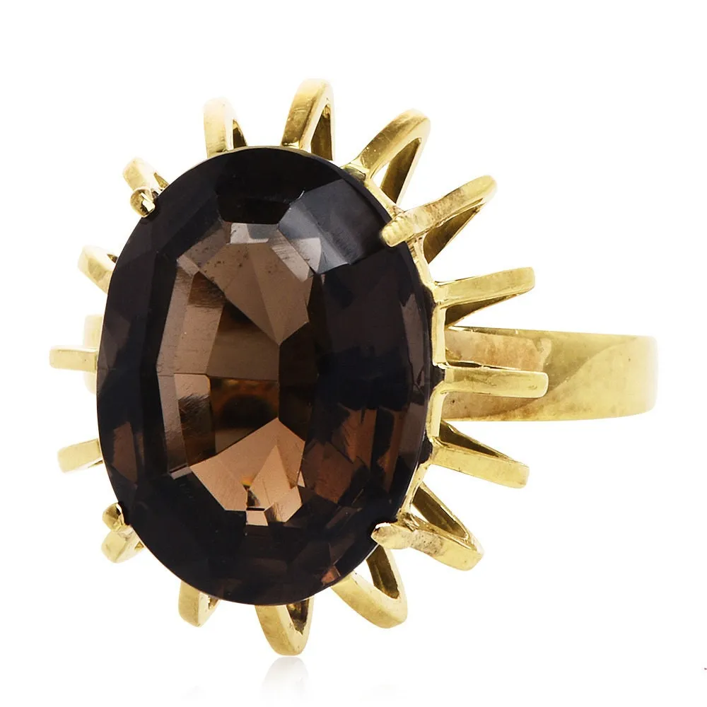 Vintage Yellow Gold Midcentury Oval Cut Smoky Quartz Cocktail Ring