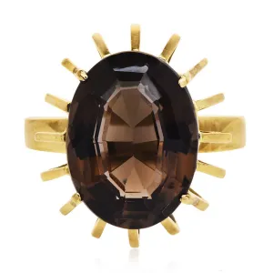 Vintage Yellow Gold Midcentury Oval Cut Smoky Quartz Cocktail Ring