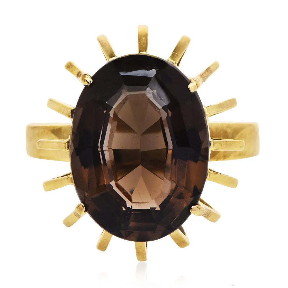 Vintage Yellow Gold Midcentury Oval Cut Smoky Quartz Cocktail Ring