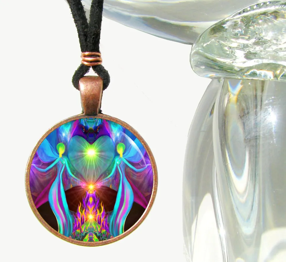 Violet Flame Jewelry, Twin Flames Heart Pendant, Colorful Energy Artwork - "Twin Flames"