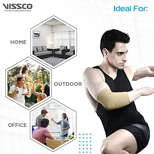 Vissco Elbow Support Relief Belt for Elbow Joint Pain, Sport Injuries, Tennis Elbow, Joint Sprain & Strain For Men & Women | Elbow Support for Gym | Sleeves for Cricket, Volleyball - XL (Beige)
