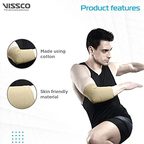 Vissco Elbow Support Relief Belt for Elbow Joint Pain, Sport Injuries, Tennis Elbow, Joint Sprain & Strain For Men & Women | Elbow Support for Gym | Sleeves for Cricket, Volleyball - XL (Beige)