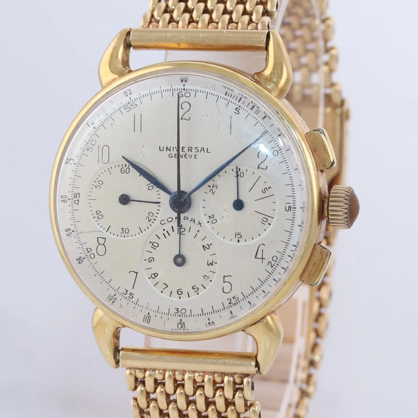 VTG Universal Geneve Compax 14k Gold Chronograph 52219 Horn Lug Tiffany Watch