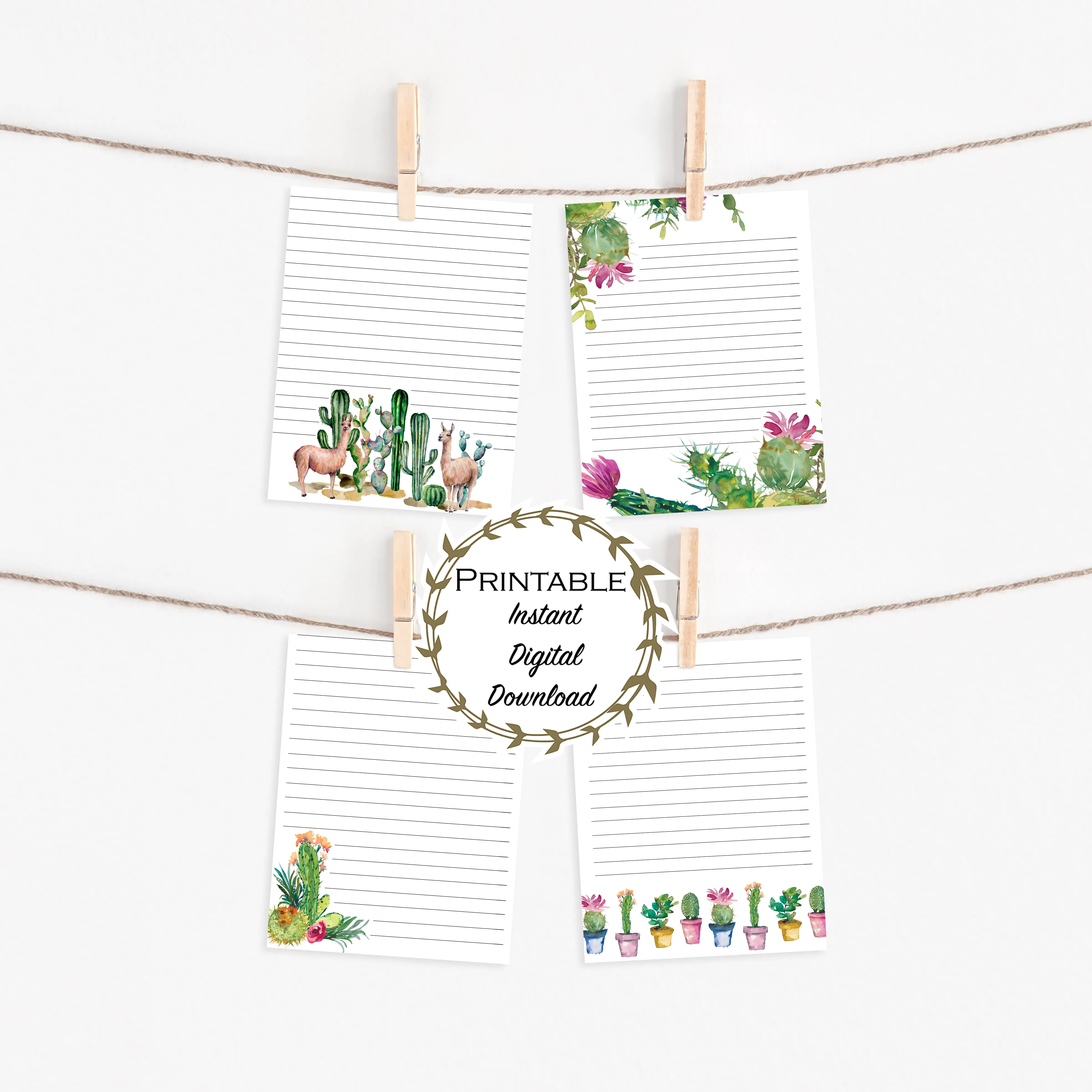 Watercolor Cactus Stationery Set Printable - Digital Download