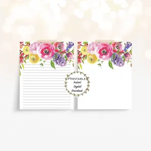 Watercolor Floral Stationery Set Printable, Mother's Day Gift, Spring Bouquet Cute Stationery Instant Download