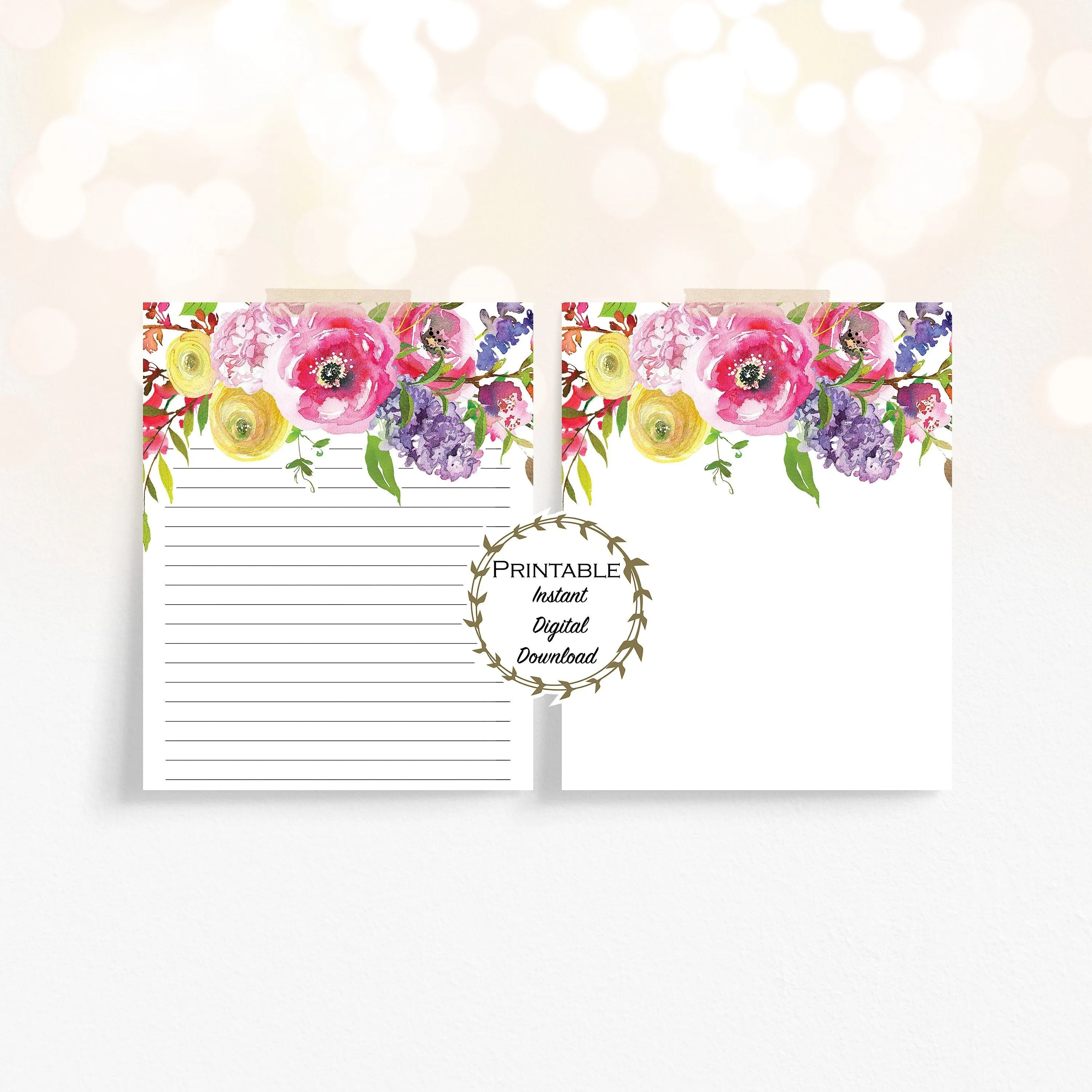 Watercolor Floral Stationery Set Printable, Mother's Day Gift, Spring Bouquet Cute Stationery Instant Download