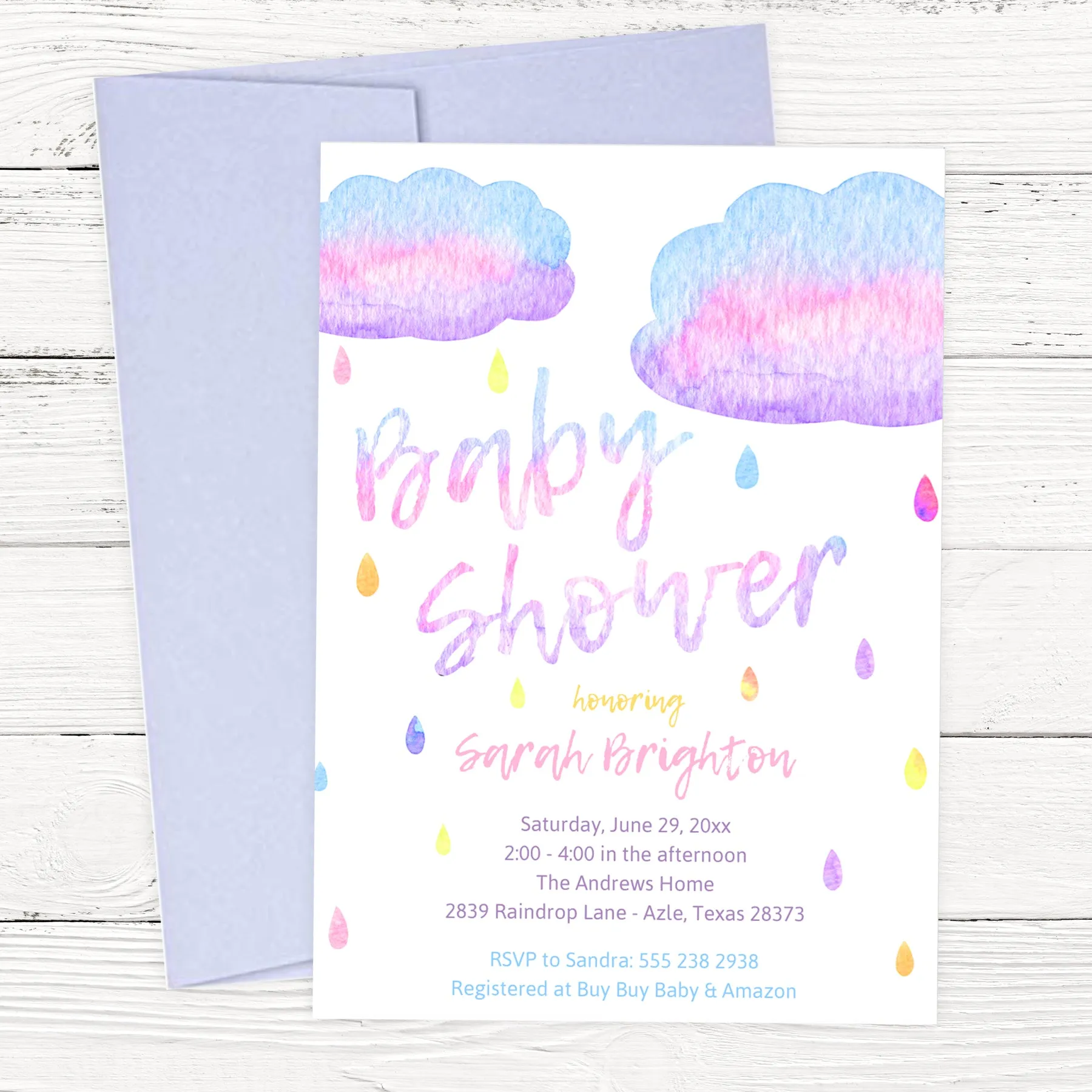 Watercolor Raindrop Baby Shower Invitation