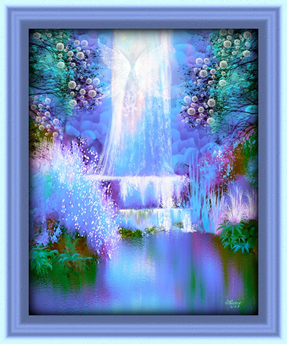 Waterfall Impressionist Art Print, Blue Fantasy Dreamscape by Primal Painter - "Water Sprite"