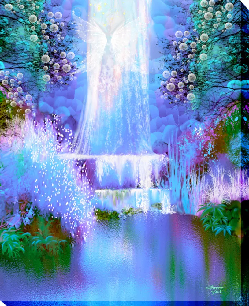 Waterfall Impressionist Art Print, Blue Fantasy Dreamscape by Primal Painter - "Water Sprite"