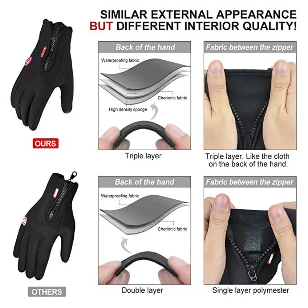 Waterproof Windproof Winter Gloves - Cold Gloves for Men, Snowboard Motorcycle Riding Driving Warm Touchscreen Zipper Glove