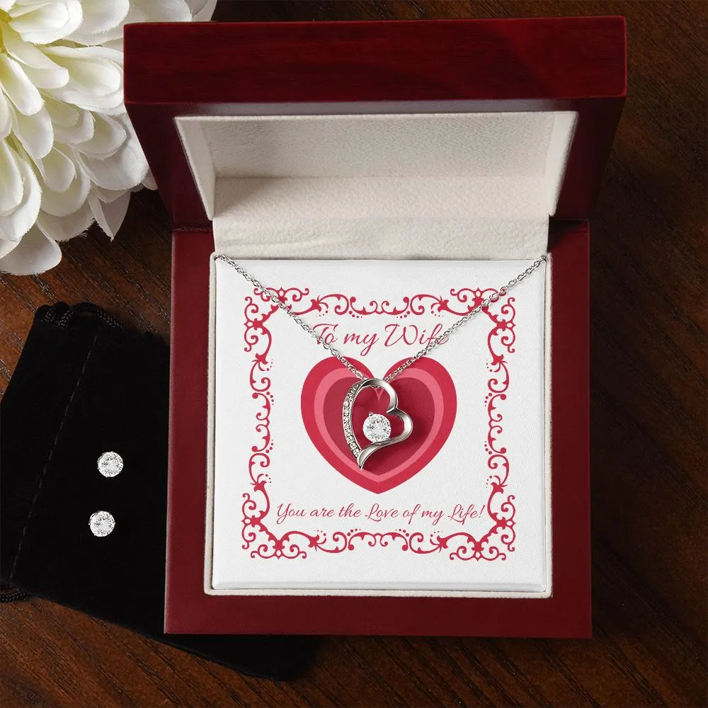 Wife Heart Border Valentine's Forever Heart Necklace & Cubic Zirconia Earring Set