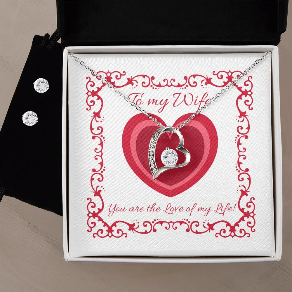 Wife Heart Border Valentine's Forever Heart Necklace & Cubic Zirconia Earring Set