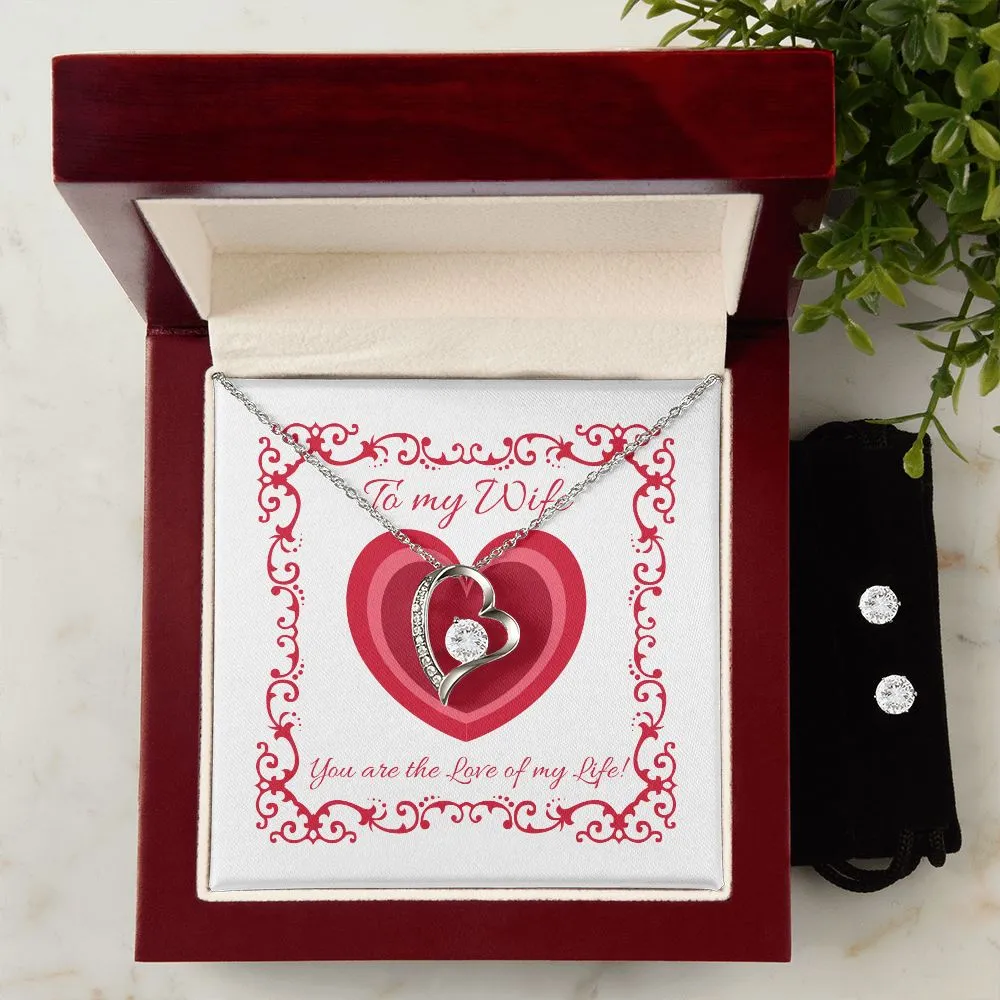 Wife Heart Border Valentine's Forever Heart Necklace & Cubic Zirconia Earring Set