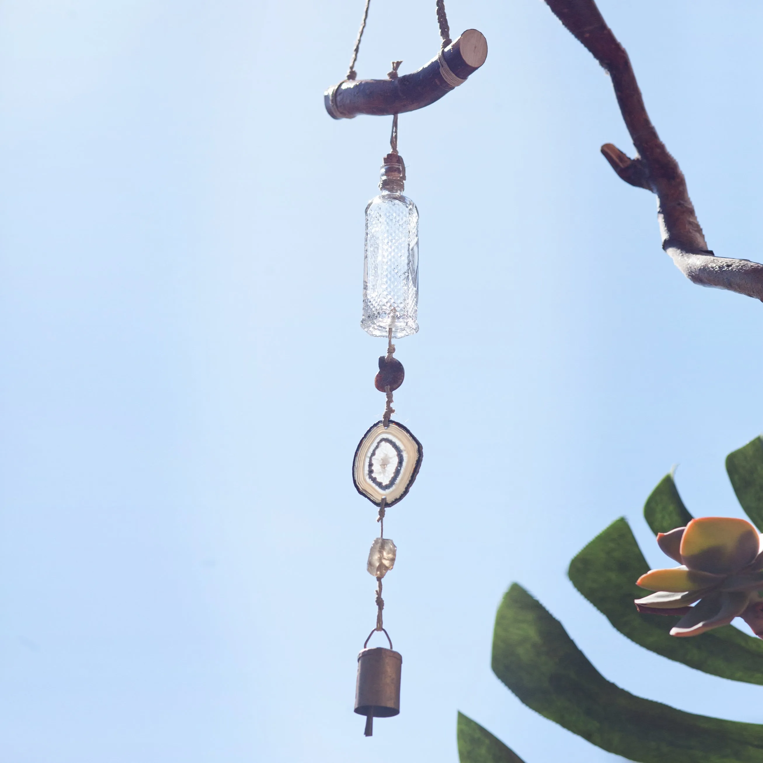 Wind Chime with Ammonite, Agate, Smoky Quartz, Vintage Bottle and Bell