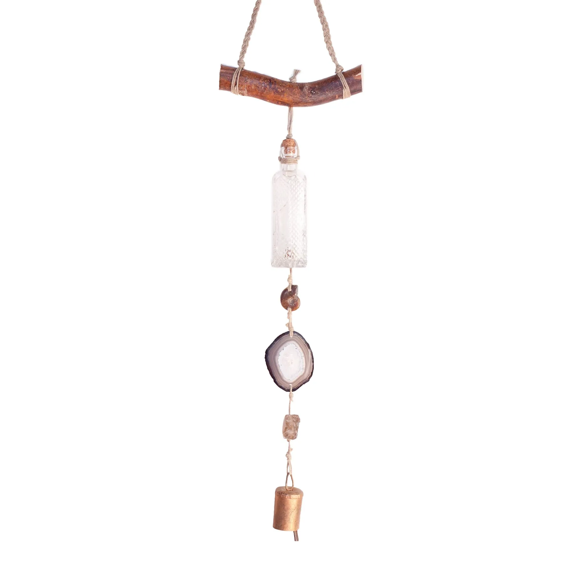 Wind Chime with Ammonite, Agate, Smoky Quartz, Vintage Bottle and Bell