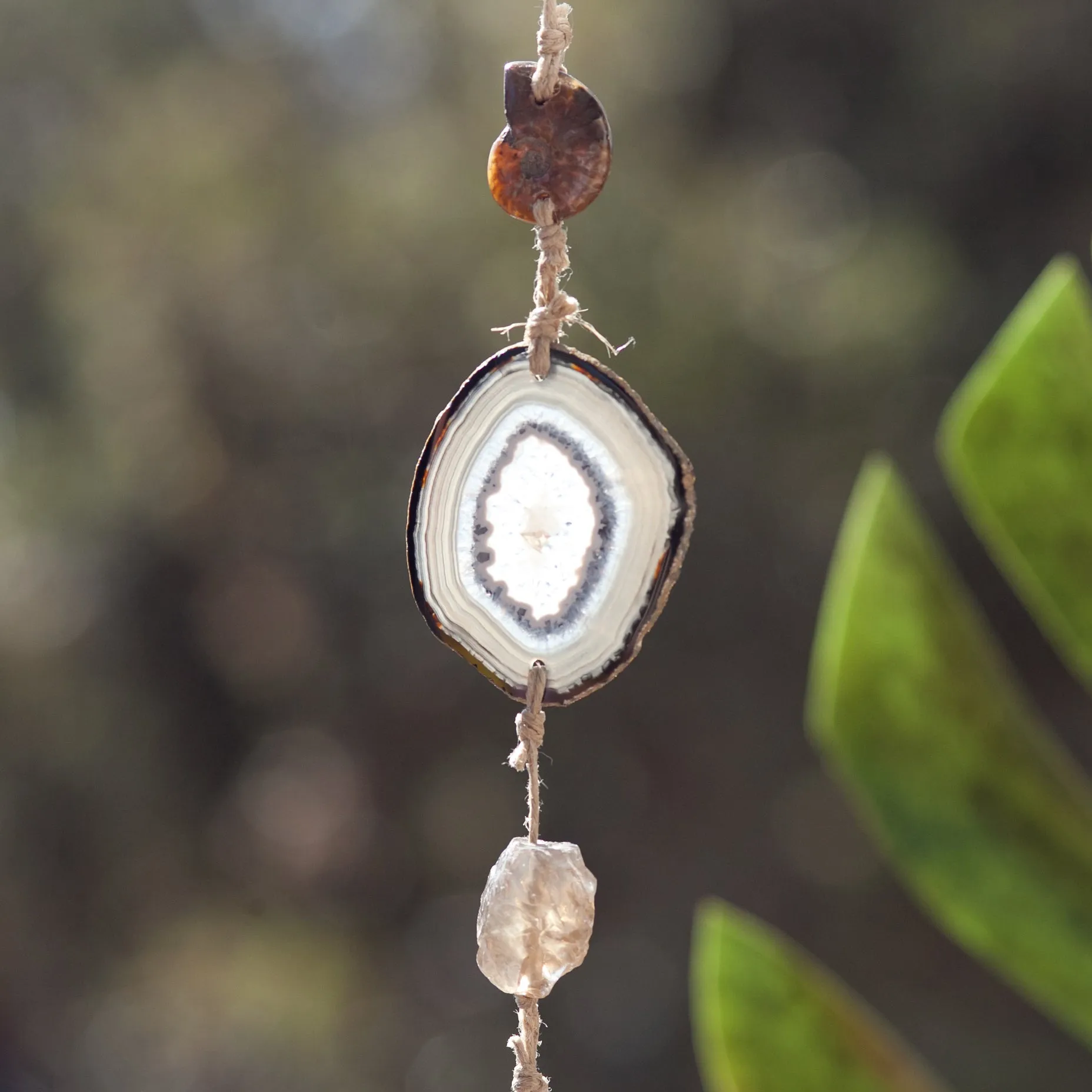 Wind Chime with Ammonite, Agate, Smoky Quartz, Vintage Bottle and Bell