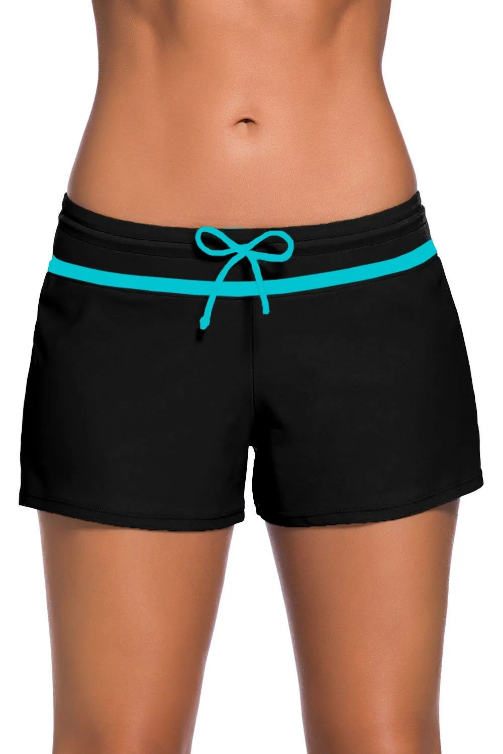 Women Black Blue Trim Relaxed Swim Trunks Shorts Tankini Bottoms Bikini Sport Yoga Board Beach Swimwear