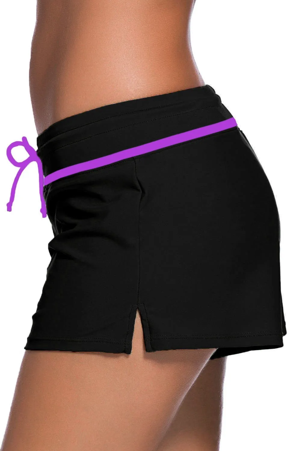 Women Black Purple Trim Relaxed Swim Trunks Shorts Tankini Bottoms Bikini Sport Yoga Board Beach Swimwear
