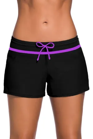 Women Black Purple Trim Relaxed Swim Trunks Shorts Tankini Bottoms Bikini Sport Yoga Board Beach Swimwear