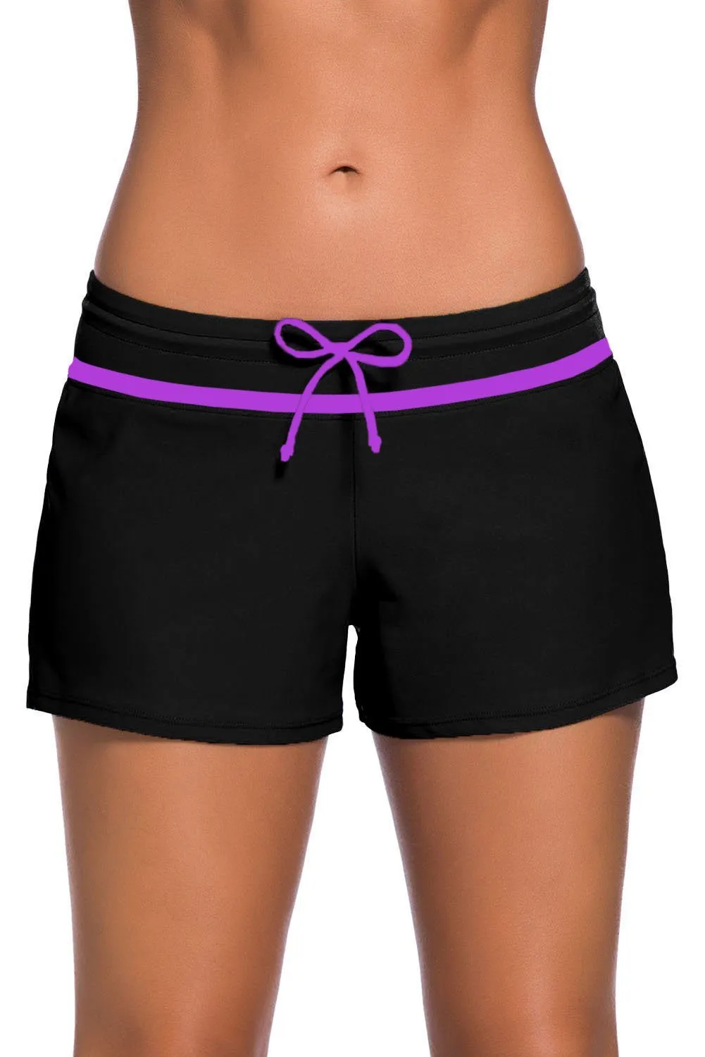 Women Black Purple Trim Relaxed Swim Trunks Shorts Tankini Bottoms Bikini Sport Yoga Board Beach Swimwear