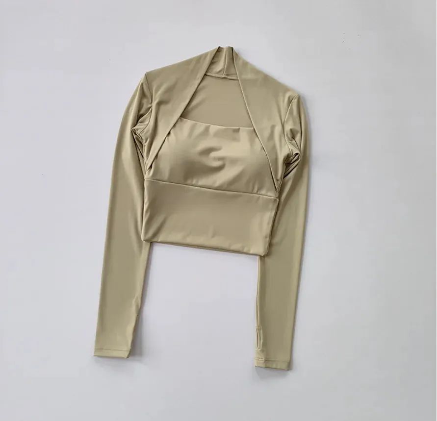 Women's Long-Sleeved Dance Yoga Suit - Fitness Top with Chest Pad