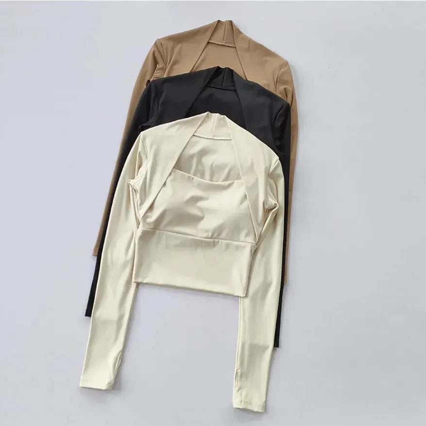 Women's Long-Sleeved Dance Yoga Suit - Fitness Top with Chest Pad