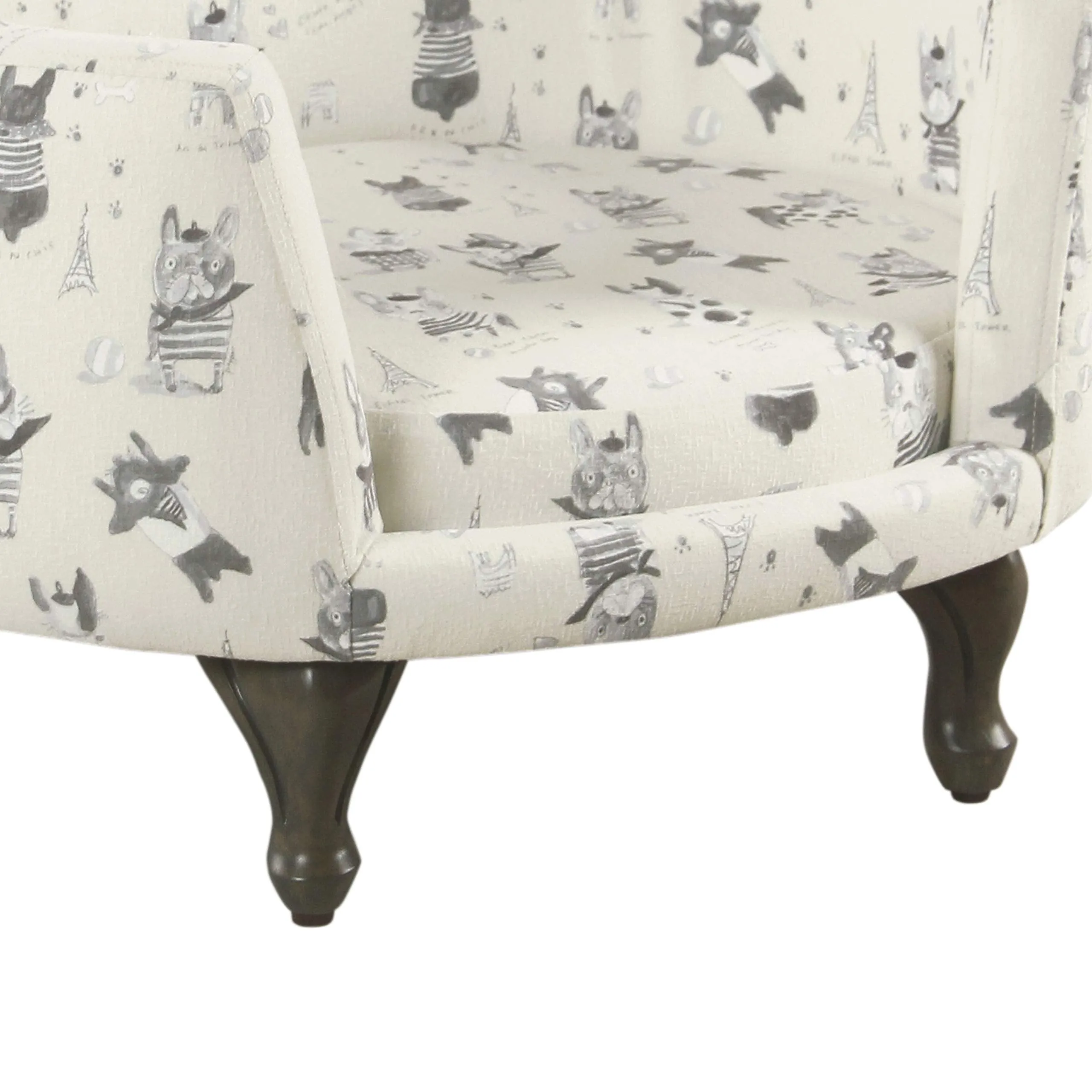 Wooden Pet Bed with French Bulldog Print Fabric Upholstery, Cream and Gray