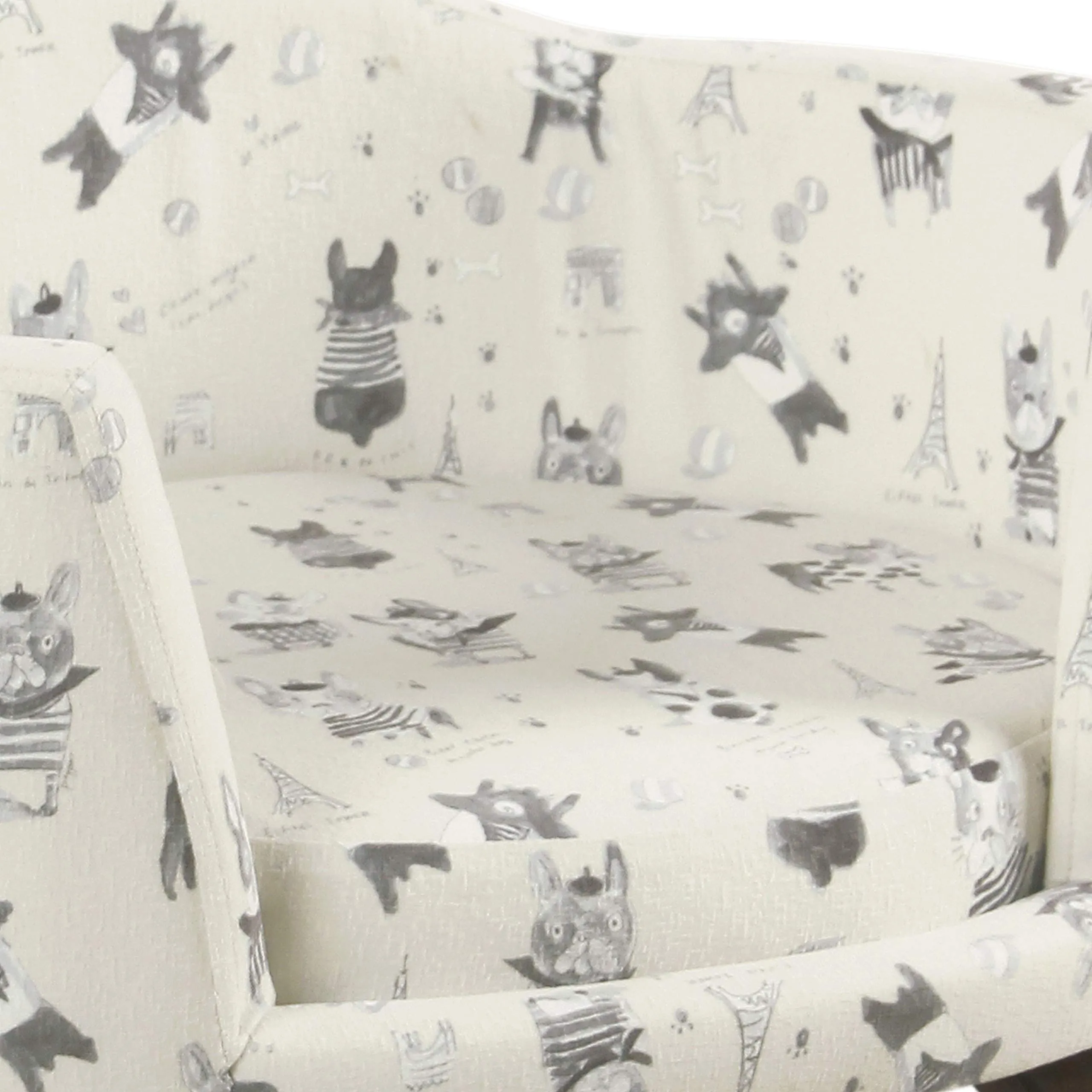 Wooden Pet Bed with French Bulldog Print Fabric Upholstery, Cream and Gray