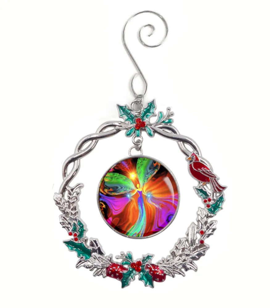 Wreath Christmas Ornament With Original Angel Art by Primal Painter - "Healing Hands"