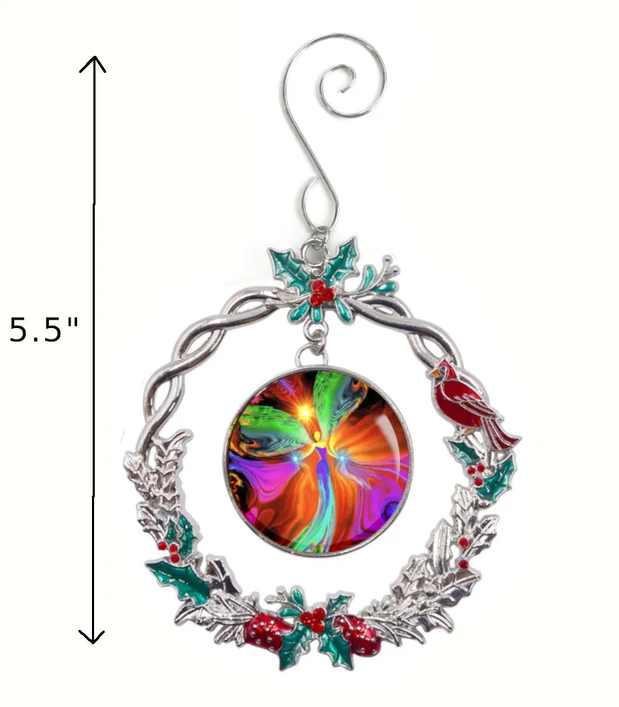 Wreath Christmas Ornament With Original Angel Art by Primal Painter - "Healing Hands"