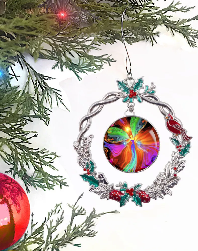 Wreath Christmas Ornament With Original Angel Art by Primal Painter - "Healing Hands"
