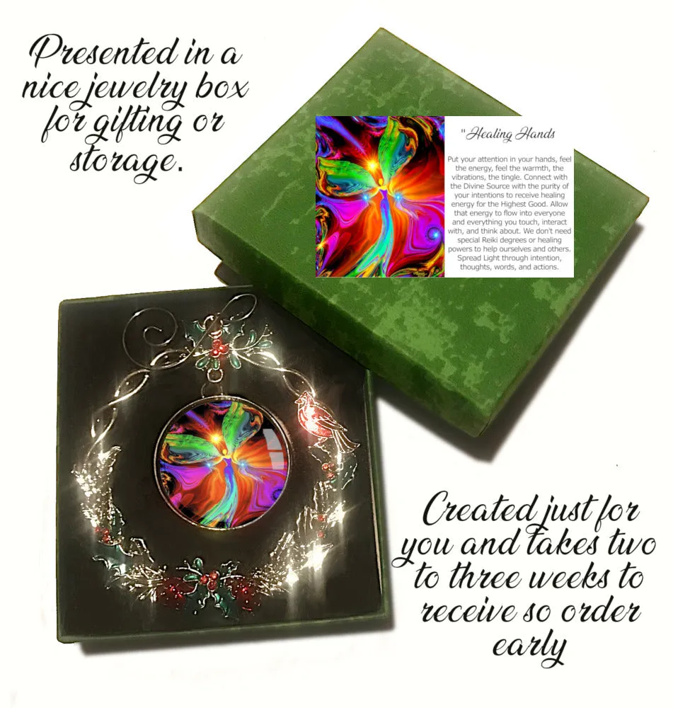 Wreath Christmas Ornament With Original Angel Art by Primal Painter - "Healing Hands"