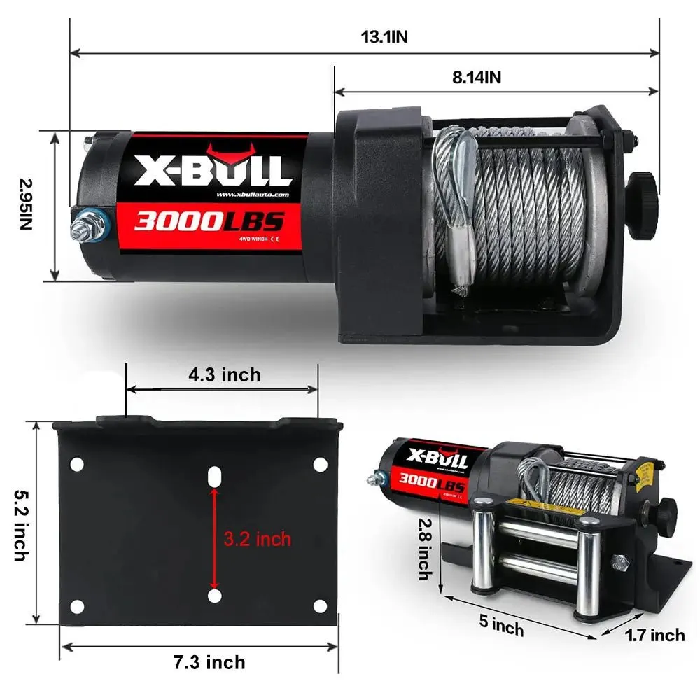 X-BULL Electric Winch 3000 LBS 12V Steel Cable ATV UTV Truck 4WD