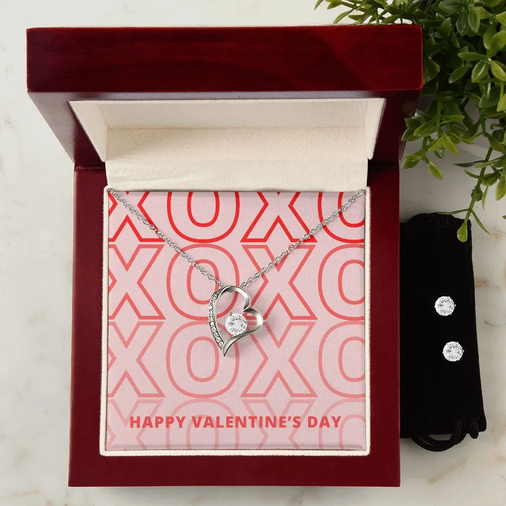 XOXO Pink Valentine's Forever Heart Necklace & Cubic Zirconia Earring Set