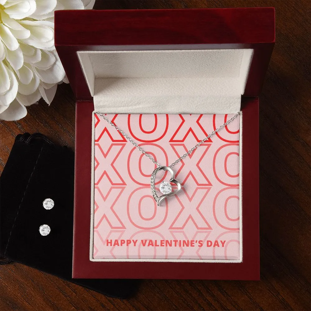 XOXO Pink Valentine's Forever Heart Necklace & Cubic Zirconia Earring Set