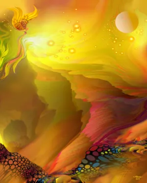 Yellow Abstract Landscape Art, Inspirational Artwork with Meaning by Primal Painter - "The Journey"