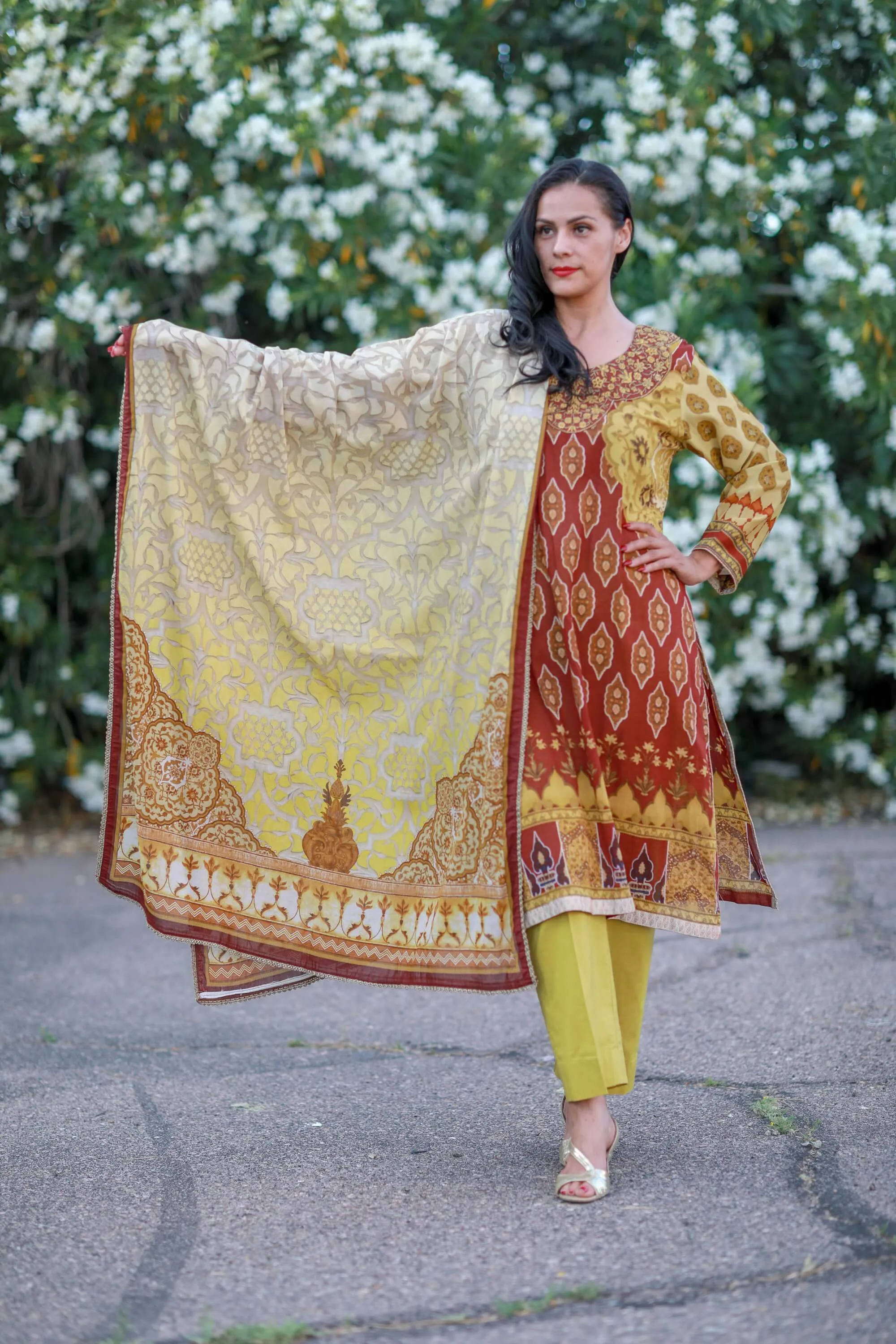 Yellow and Brown Cotton Suit Salwar Kameez J.J Valiya