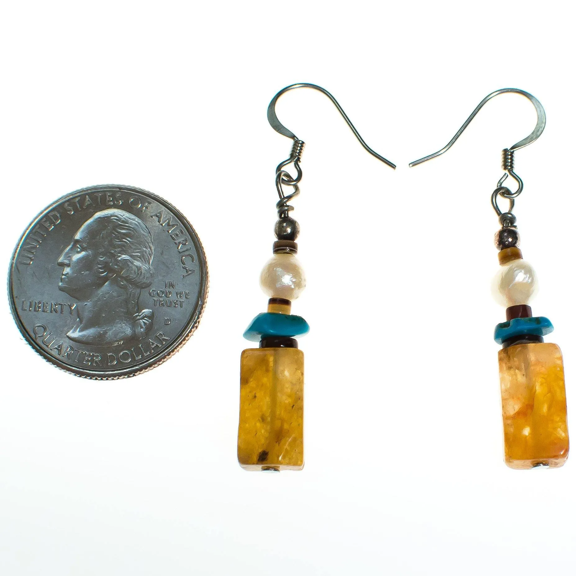 Yellow Quartz Turquoise and Pearl Earrings